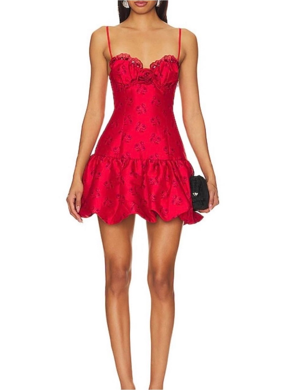For Love & Lemons Red Floral Jacquard Spaghetti-Strap Mini Dress